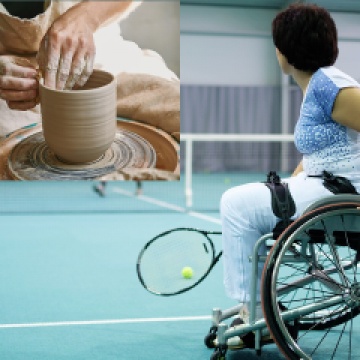 Two pictures together, one of hands on clay using a pottery wheel and the other a woman playing wheelchair tennis